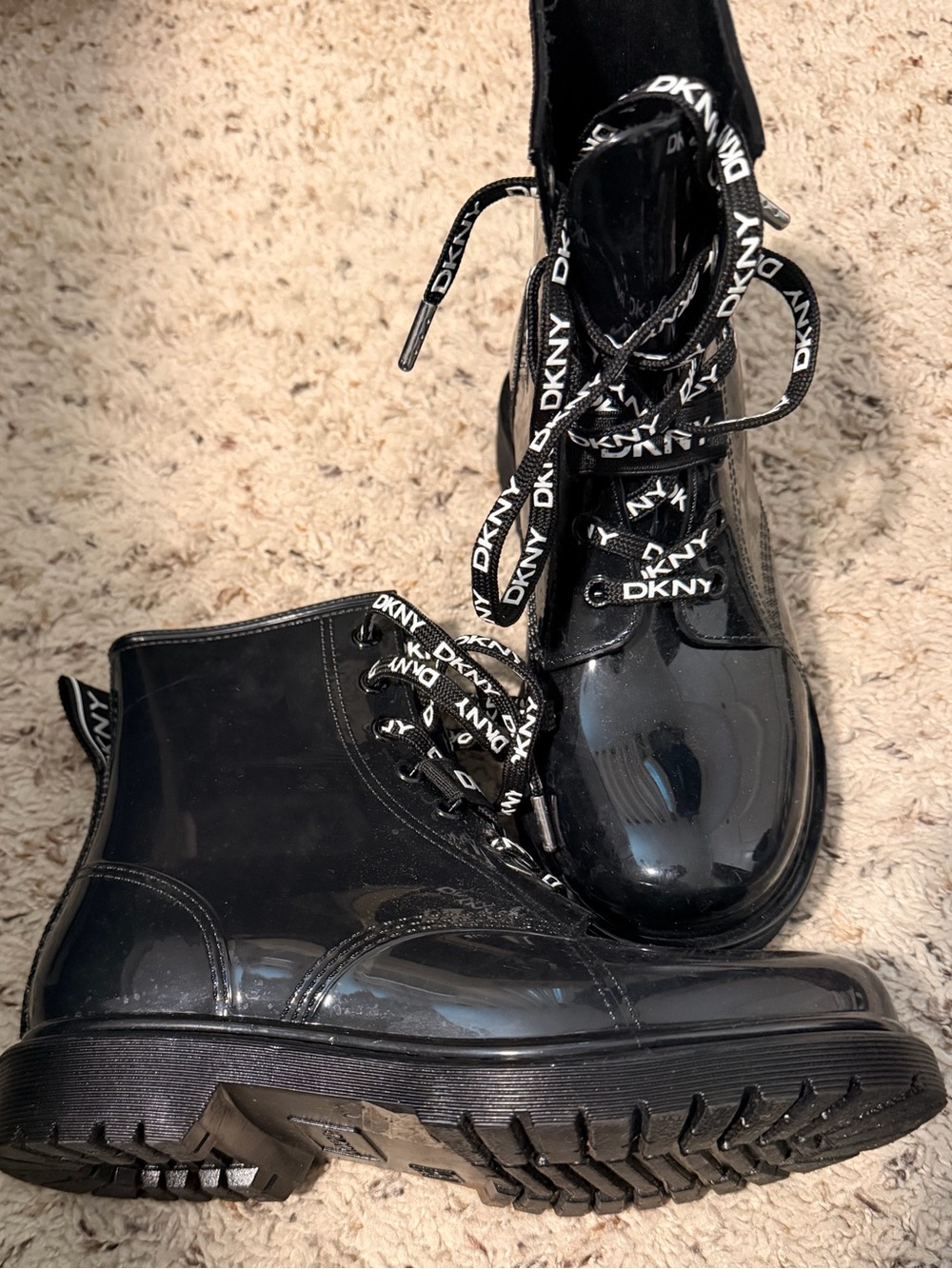 DKNY Patent Black Logo Combat Boots